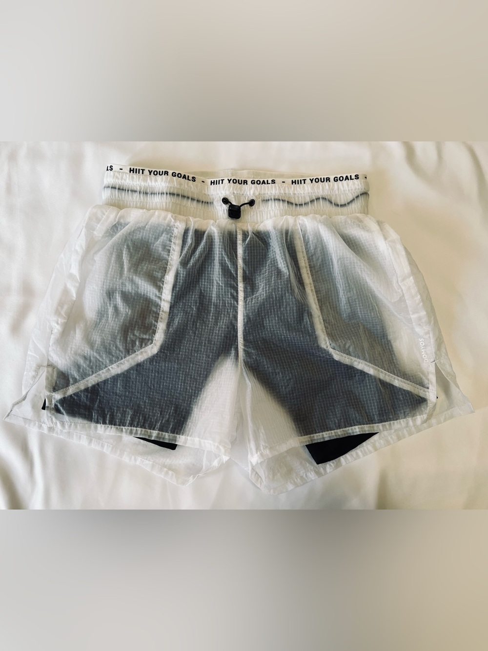 White Sheer Athletic Shorts with 'HIIT YOUR GOALS' Waistband